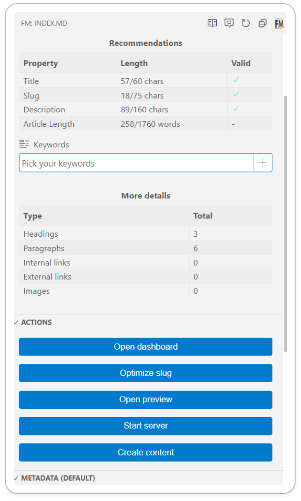 Overview of Front Matter CMS sidepane